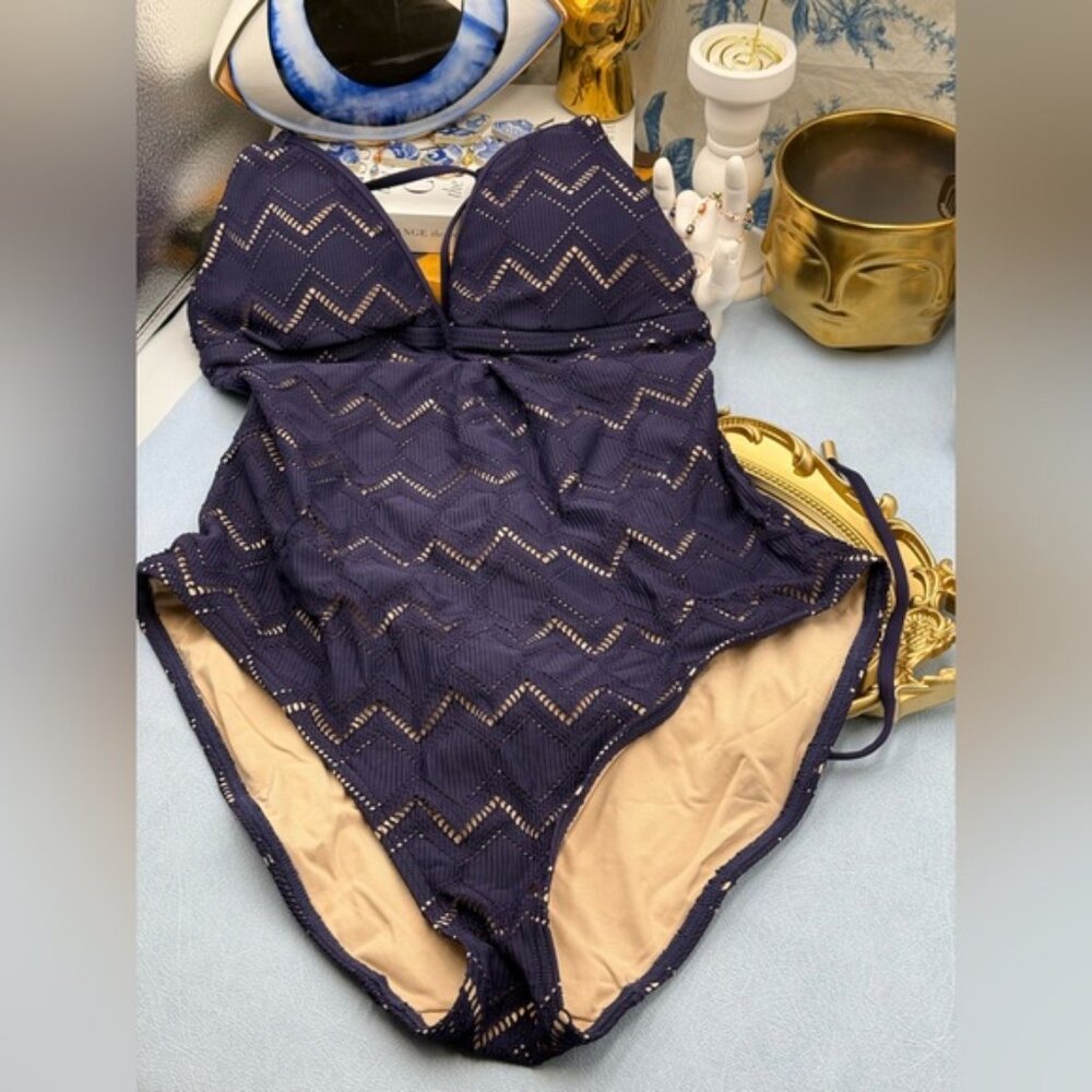 🆕 ZIMMERMANN 🧿NWOT Pointelle-Knit Halterneck Swimsuit, Plum-Navy, Sz 3 US 8/10 - Picture 10 of 14